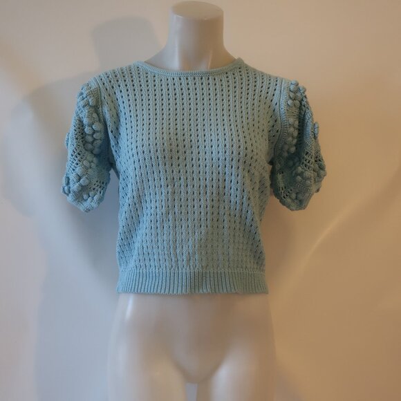 NWT Womens Stella Pardo Paris "Greta" Blue Crochet Short Sleeve Sweater L - Picture 1 of 6